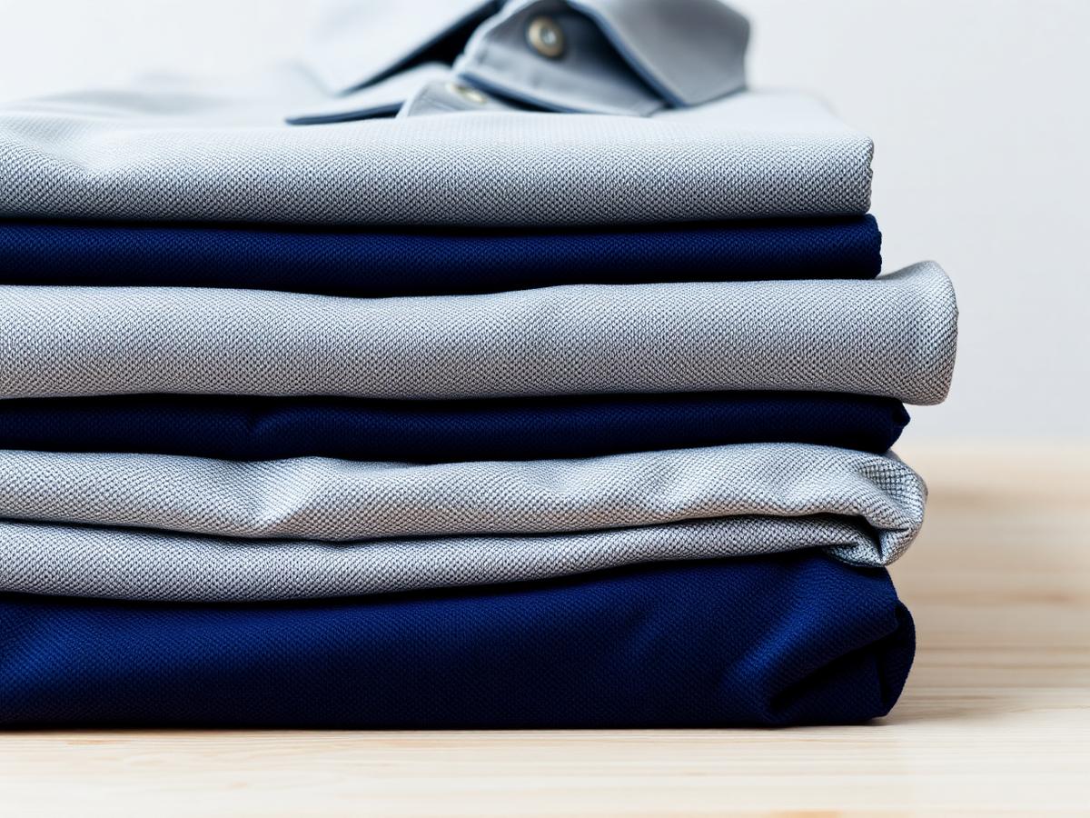 Peças de vestuário corporativo dobradas em tons de azul-marinho e cinza